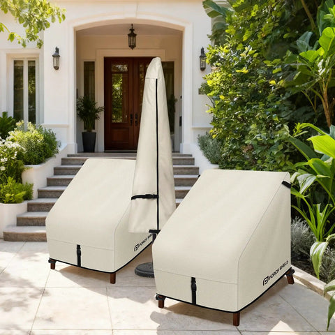 Patio Chair Covers 2 Pack Waterproof Outdoor Lounge Deep Seat Fit 30W x 33D x 34H Beige displayed on patio with plants