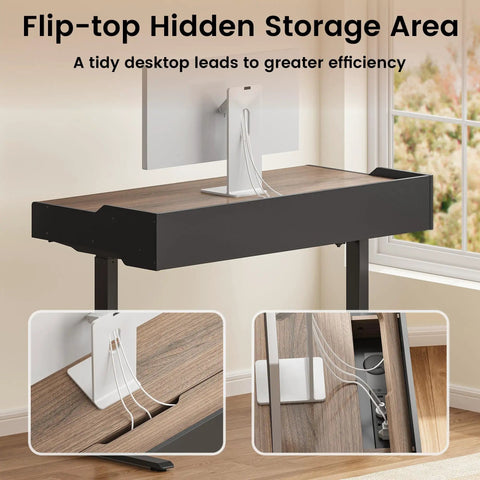 ModernMate Electric Standing Desk With Storage Drawers, height adjustable desk with hidden storage area and cable management features.