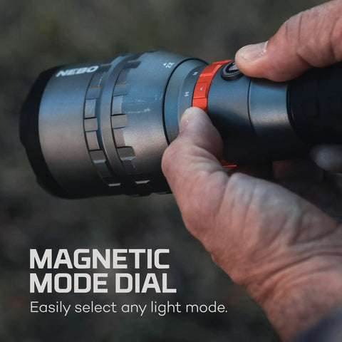 Close-up of hand adjusting magnetic mode dial on 12,000 Lumen Handheld Flashlight With 5 Lighting Modes USB-C Rechargeable Waterproof Tactical Floodlight For Hiking Camping Hunting Self Defense And Go-To Outdoor Adventures