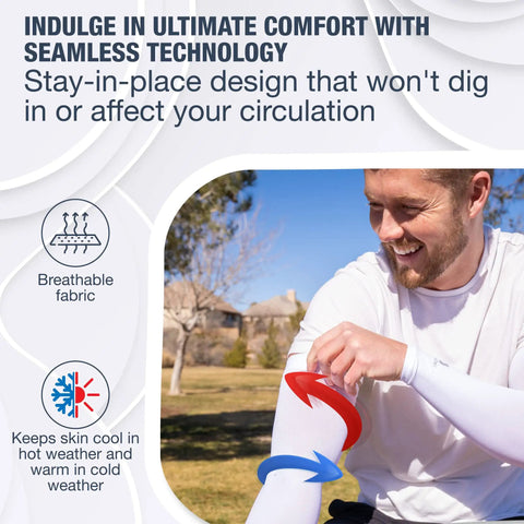 Cooling Arm Sleeves For Men And Women, breathable moisture wicking sun protection, man adjusting sleeve outdoors