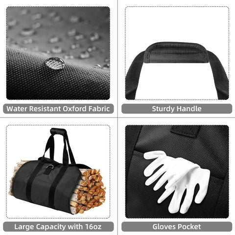 Beefy Heavy Duty Firewood Rack With Log Carrier featuring water-resistant fabric, sturdy handle, large capacity, and gloves pocket.