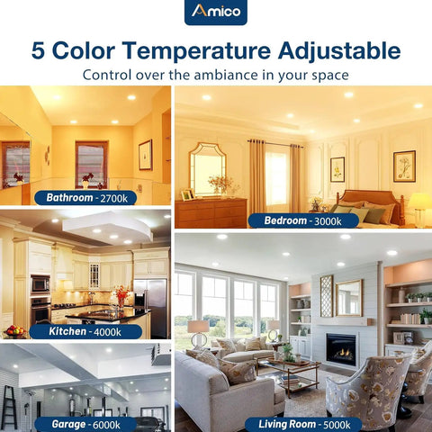 Image showing adjustable Five To Six Inch LED Recessed Can Lights Kit, 20 Pack, Dimmable in various home settings with 5 color temperatures.