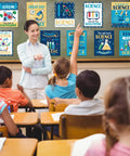 Teacher in classroom with vibrant science classroom decoration banner and poster set for teachers on board, engaging students