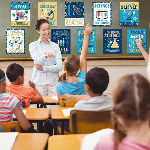 Teacher in classroom with vibrant science classroom decoration banner and poster set for teachers on board, engaging students