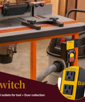 Essential Router Table Upgrade Kit Featuring Micro Adjustable Aluminum Fence With Dual Bearing Guide Rails For Dead Nuts Alignment And Butter Smooth Cutting Action To Level Up Your Woodshop Game. Close-up of dual outlets and dust collection switch.