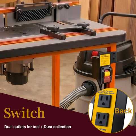 Essential Router Table Upgrade Kit Featuring Micro Adjustable Aluminum Fence With Dual Bearing Guide Rails For Dead Nuts Alignment And Butter Smooth Cutting Action To Level Up Your Woodshop Game. Close-up of dual outlets and dust collection switch.