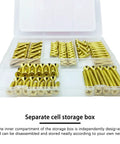 Hella Sturdy Brass Plated Wood Screw Assortment Kit Featuring Phillips Flat Heads and drywall screws in organized storage box.