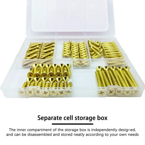 Hella Sturdy Brass Plated Wood Screw Assortment Kit Featuring Phillips Flat Heads and drywall screws in organized storage box.