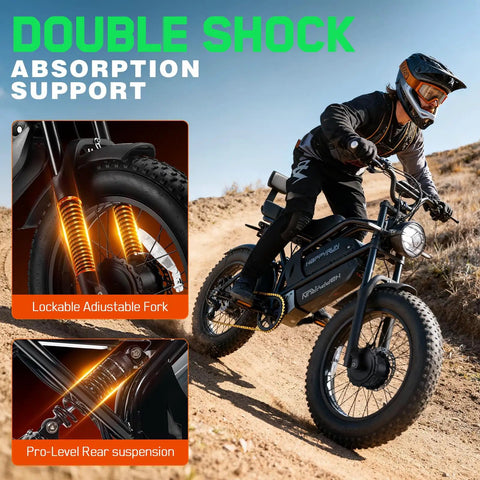 G70 Pro Electric Bike With Dual 2500W Motors 5000W Peak Output Delivers 36 MPH Top Speed And Up To 85 Mile Range On All Terrain 20 Inch Fat Tire Off Road Beast Ready For Adventure on dirt trail with double shock absorption