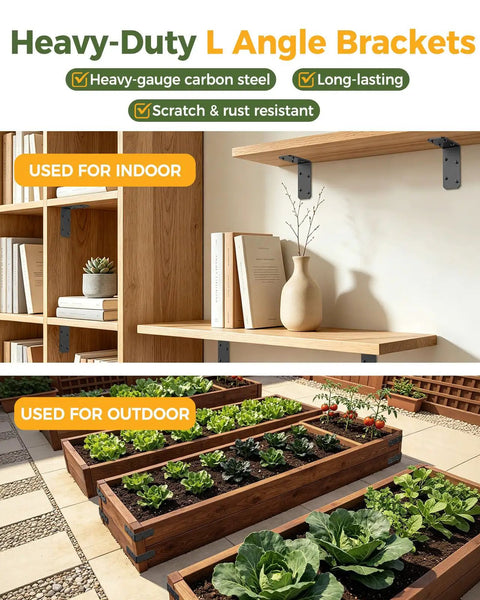 Heavy Duty 3x3x1.2 Inch L Brackets For Wood Shelves, Built Tough, Up To 150 Lbs Support, Black, 4 Pack, Pre Drilled Corner Braces For DIY Shelf Repair, Bowed Shelves, And Strong Shelf Support. Black steel L angle brackets for indoor shelves and outdoor planter boxes