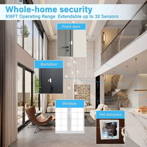 5-In-1 Wireless Door Alarm Chime With LED Lights And Welcome Doorbell, Easy No-Wire Install, whole-home security display