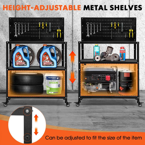 Beefy Heavy Duty Fifty Point Four Inch Steel Workbench With Pegboard And Lockable Rolling Wheels Mobile Tool Storage Table.