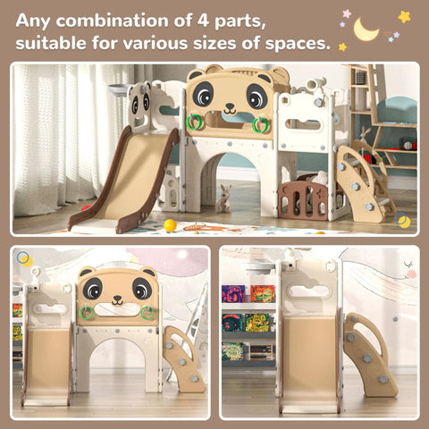 9 In 1 Toddler Slide And Climber Playset For Indoor And Outdoor Use With Basketball Hoop Telescope And Storage Space in a room.