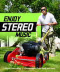 Person mowing lawn wearing Bluetooth Hearing Protection With 25dB NRR and 1500mAh rechargeable, wireless ear muffs.