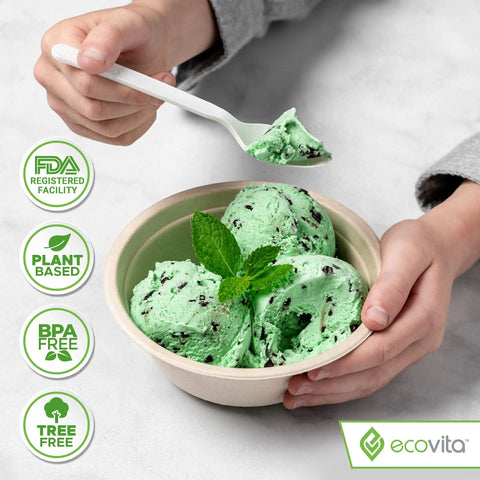 100% Compostable Large Disposable Spoons, 6.5 Inch Bulk Pack, Eco Friendly, Ultra Durable and Heat Resistant Cutlery Alternative With Tray for Parties, Catering, and Everyday Use used with ice cream