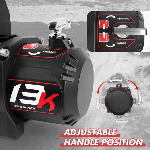 Close-up of adjustable handle and engaged free spool on Beefy 13000Lb Synthetic Rope Electric Winch For 4x4 Off Road Trucks And SUVs
