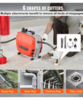 Heavy Duty Electric Drain Cleaner Machine With 120Ft Sewer Snake Auger And 420W Motor, showcasing various cutter attachments for different pipe types.