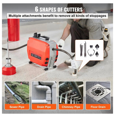 Heavy Duty Electric Drain Cleaner Machine With 120Ft Sewer Snake Auger And 420W Motor, showcasing various cutter attachments for different pipe types.