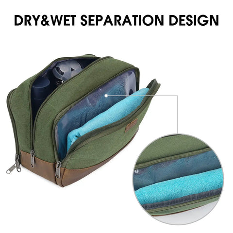 Your Go To Travel Toiletry Bag With Wet Dry Separation, Large Main Compartment, Water Resistant Hanging Dopp Kit, Green, showing compartments