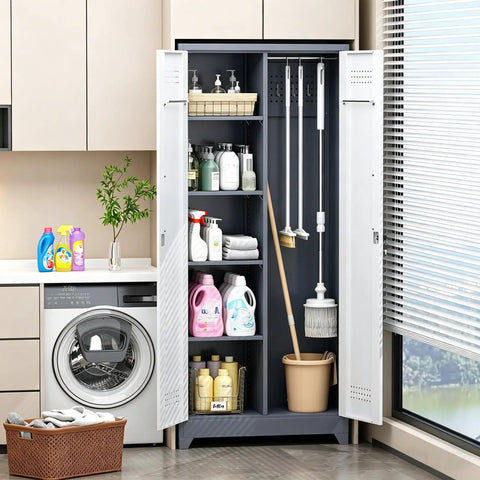 72-Inch Tall Metal Garage Storage Cabinet With Lockable Doors And Adjustable Shelves, Steel Tool Cabinet for laundry room