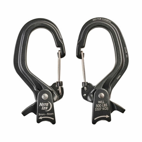 Front view of the CamJam SlideLock Rope Tightener With Quick Release Lever Pull To Tighten Lock No Fuss 500 Lb Working Load 1500 Lb Break Strength Fits 3 To 6mm Rope Cast Aluminum Tensioner For Secure Knot Free Load.