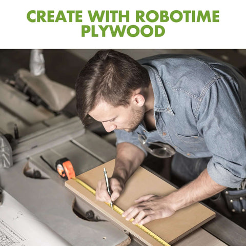 Walnut plywood sheet being measured on a workbench by a man with a tape measure.