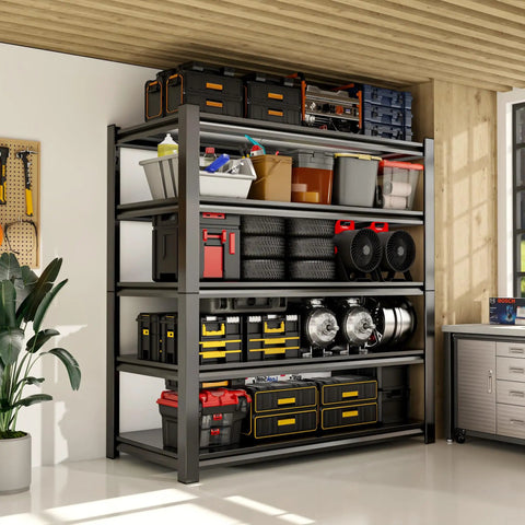 36 Inch Wide Garage Shelving Unit Beefy 5 Tier Heavy Duty Storage Rack With Adjustable Shelves Holds Up To 3000 Lbs Industrial Steel Shelving For Garage Shed Warehouse Basement Black holding tools and bins