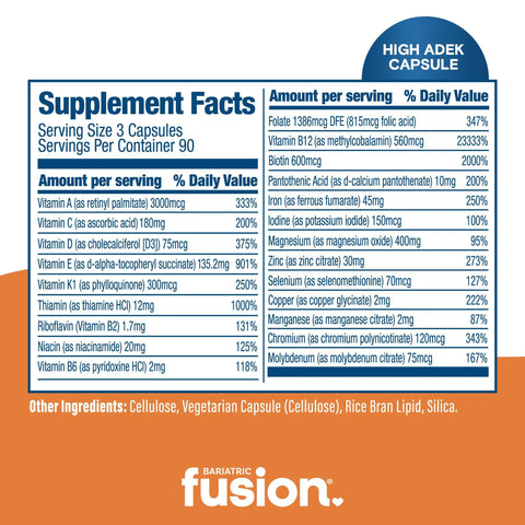 High ADEK Bariatric Multivitamin With Iron For Duodenal Switch Patients, No Fuss Easy To Swallow Capsule, 270 Caps, 3 Month Supply, ASMBS Approved Nutrition Support For Better Absorption And Daily Maintenance supplement facts label