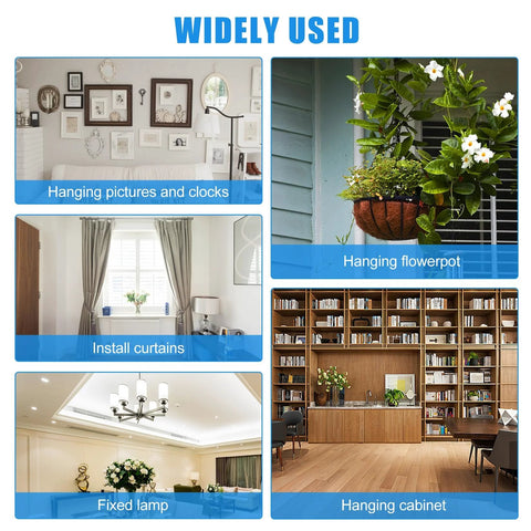 Image showing various installation uses for 123 Piece Toggle Bolt And Wing Nut Kit, including pictures, flowerpots, and cabinets.