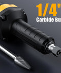Heavy Duty Die Grinder Cranking 25000 Rpm With Quarter Inch Collet Plus Carbide Bit, 1/4" carbide bur and ergonomic grip.