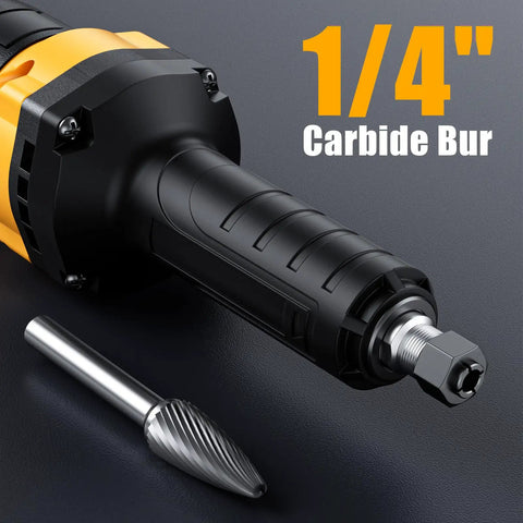 Heavy Duty Die Grinder Cranking 25000 Rpm With Quarter Inch Collet Plus Carbide Bit, 1/4" carbide bur and ergonomic grip.