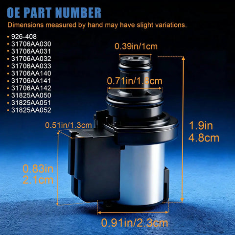 Lock Up Solenoid Torque Converter 3.2-3.7 Ohm Replacement For CVT Transmission Solenoid dimensions and OE numbers shown