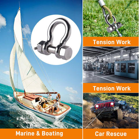 Three Eighths Inch Bow Shackle 2 Pack Saltwater Ready Marine Grade 316 Stainless Steel Beefy Anchor Shackle with Boat and Off-Road Scenes
