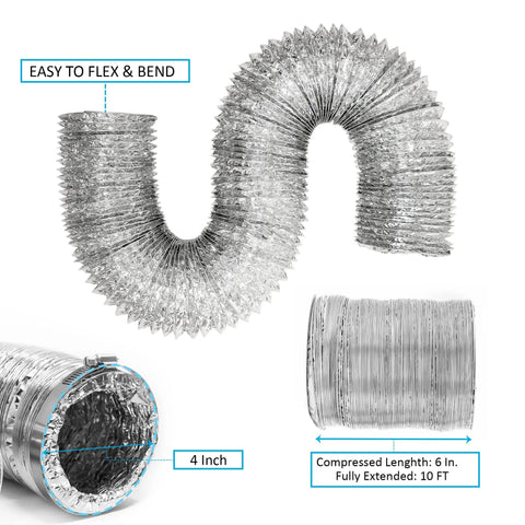 4 Inch Flexible Aluminum Dryer Duct 10 Foot With 2 Premium Clamps shown compressed and extended, highlighting flexibility and measurements.