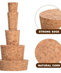 Assorted Tapered Cork Stoppers Set, 25 Pieces, Five Sizes From 17Mm To 63Mm, shown stacked with strong edge and natural cork texture