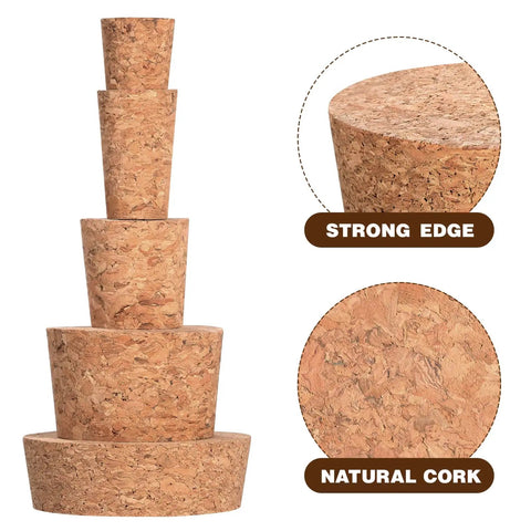 Assorted Tapered Cork Stoppers Set, 25 Pieces, Five Sizes From 17Mm To 63Mm, shown stacked with strong edge and natural cork texture
