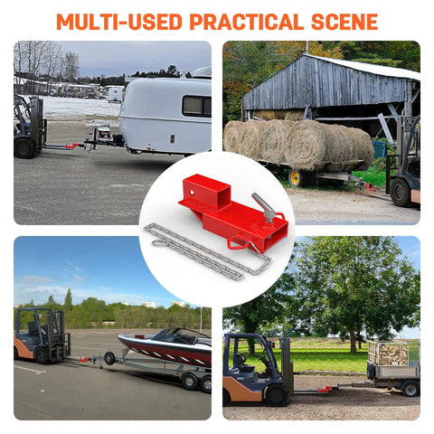 Heavy Duty Universal 2 Inch Forklift Trailer Hitch Adapter With Dead Simple Clamp On Grip for multiple towing setups.