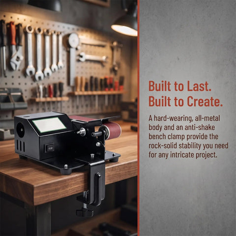 Dude Get This 7 Speed Mini Bench Belt Sander It Is A Sweet 250W Grinder With Reverse Control Perfect For Sharpening Knives And Polishing Wood Or Metal Comes With Wheels And Belts To Crush Any DIY Project Fast on a workbench.