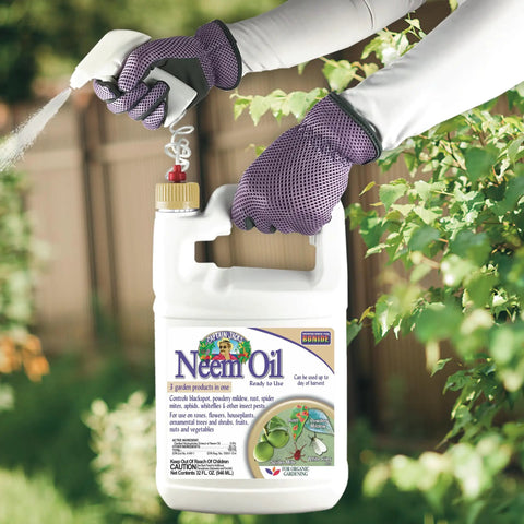 Person spraying Ready To Use Neem Oil For Plants, 128 Oz, Multi Purpose Fungicide Insecticide And Miticide For Organic Gardening.