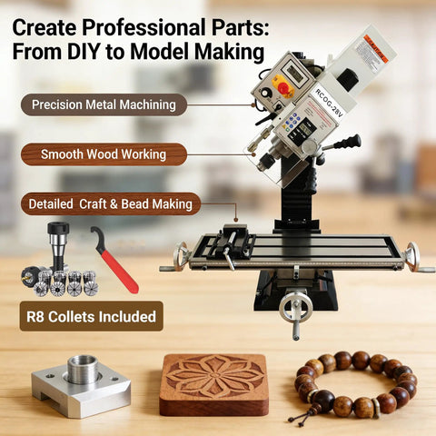 Precision Heavy Duty Benchtop Mill And Drill With 1300W Brushless Motor Handles Steel And Wood Like A Charm Using R8 Spindle And Micro Feed Design For Smooth Variable Speed Garage Projects in workshop with tools.