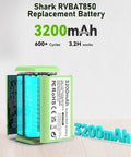 Heavy Duty 3200Mah RVBAT850 Replacement Battery For Shark Vacuums featuring a green casing and clear display of capacity and cycles.