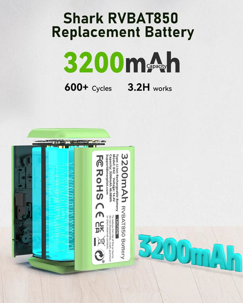 Heavy Duty 3200Mah RVBAT850 Replacement Battery For Shark Vacuums featuring a green casing and clear display of capacity and cycles.