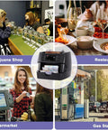 Ultra Fast Money Counter Machine With 1500 Bills Per Minute in varied business settings like shop, restaurant, and gas station.