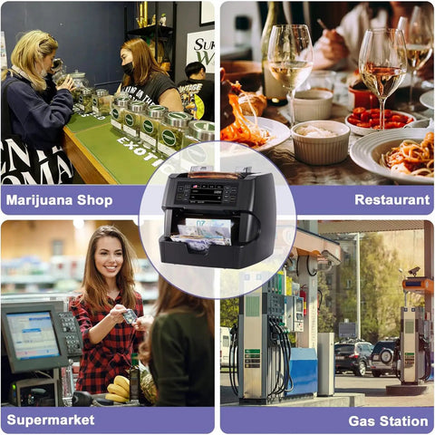 Ultra Fast Money Counter Machine With 1500 Bills Per Minute in varied business settings like shop, restaurant, and gas station.