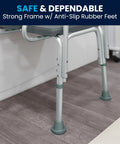 Adjustable Bath And Shower Transfer Bench With Back And Side Arm Rests, 300 Lb Capacity with anti-slip rubber feet on gray frame