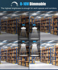 Warehouse shelves under 0-10V dimmable 200W High Bay LED Light UFO Style 5000K IP65 at different brightness levels