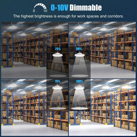 Warehouse shelves under 0-10V dimmable 200W High Bay LED Light UFO Style 5000K IP65 at different brightness levels