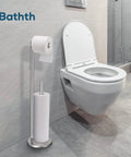 Brushed Nickel Free Standing Toilet Paper Holder Stand With Space For One In Use Roll And Three Spare Rolls, in bathroom setting