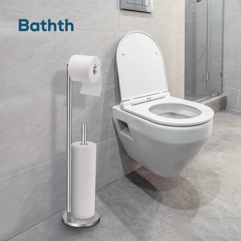 Brushed Nickel Free Standing Toilet Paper Holder Stand With Space For One In Use Roll And Three Spare Rolls, in bathroom setting