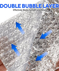 Close-up of self adhesive double bubble foil insulation tape, showing reflective surface and bubble layer for effective heat reflection.